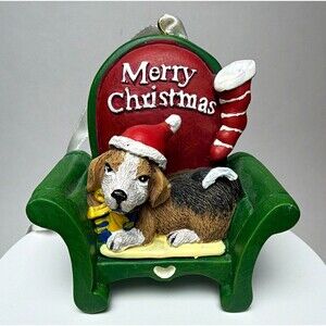 Christmas Dog on Green Couch Hanging Ornament w/ White Ribbon Decorative 3in